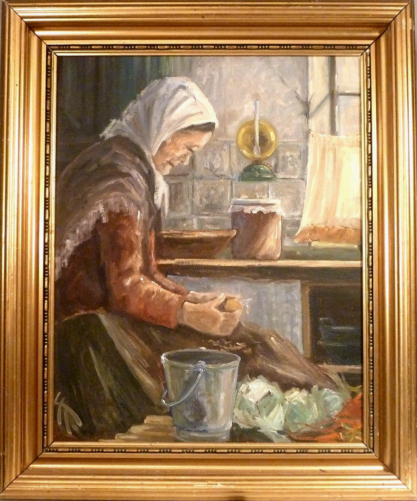 MONOGRAM SIGNED! INTERIOR WITH OLDER WOMAN PEELING POTATOES
