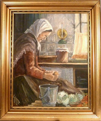 MONOGRAM SIGNED! INTERIOR WITH OLDER WOMAN PEELING POTATOES