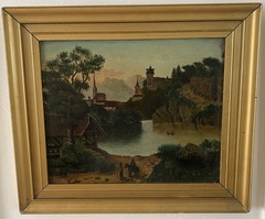 Antique Moody European Riverside Town Oil Painting Original