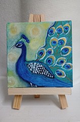 ORIGINAL PEACOCK BIRD PAINTING MINI CANVAS ART VIBRANT CUTE SMALL DESK DECOR