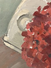 Oil On Panel Period Art Deco Still Life Aux Flowers And Choose Fish C.1925