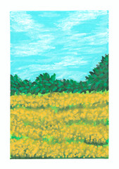ACEO Original Yellow Flowers Sky Miniature Painting Landscape OneCraftyLady
