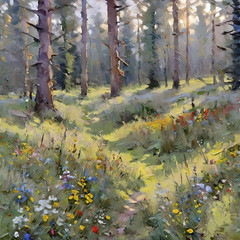 Aceo Art Card A profusion of wildflowers in a Woodland setting