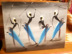 1960s COLORFUL AFRICAN DANCERS O/C PAINTING SIGNED DRUMS SPEARS HEADDRESS 15X20″