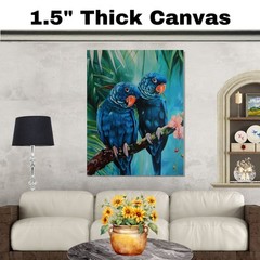 Blue Parrot Pair Art with Tropical Leaves Flat Rolled, Framed or Wrapped Canvas