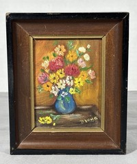 Original Miniature Oil Painting Floral Still Life Blue Vase Signed D Long Framed
