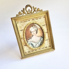 Rare 19th C. French Hand Painted Miniature Portrait Gold Gild & Tapestry Frame