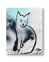 Original Signed Mixed Media Art Abstract Cat Line Drawing Painting 11×14 OOAK