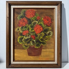Vintage Still Life Red Geraniums Flowers Plant Art Painting Floral Wall Hanging