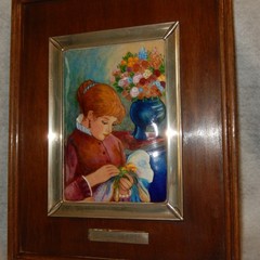 Vintage RENOIR Enamel Copper Young Woman Sewing Painting Matted Silver Frame Art