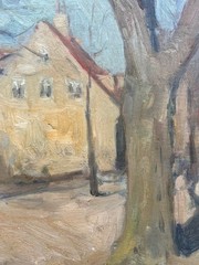 Einar Olsen Impressionist Oil Painting, Framed 1930 Street Scene Old Town