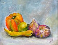 One of kind honey Peppers Garlic Original oil painting gessoed masonite Framed