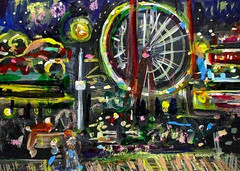 ORIGINAL ACEO Painting CARNIVAL Fair Amusement Park Fireworks Rides Fun ATC ART