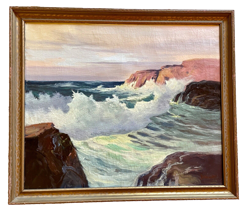 George Sanders Bickerstaff Oil Painting Breaking Waves 34″ x 29″ Framed 1930-40s