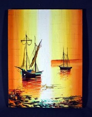 Vintage Mid Century Harbor Ships Oil Painting Signed MCM Vanguard?