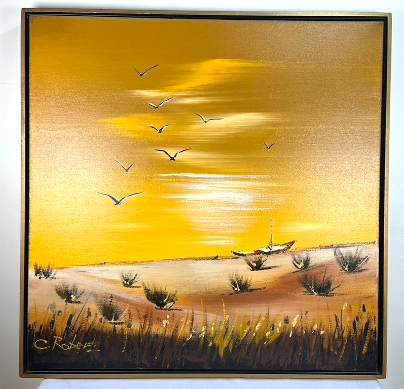 Vtg C. ROBERTS Mid Century Canvas Oil Painting Framed Signed Birds Boat Seascape