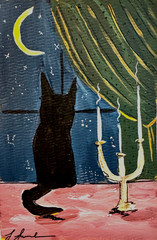 Original Painting, black cat, candles, whimsical art, halloween, acrylic, 5×7
