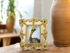 American Pelican watercolor print in mini gold vintage style ornate frame