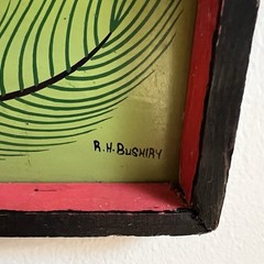 Peacock Original Painting R. H. Bushiry Signed Tanzania c1960s Oil Board 24×12