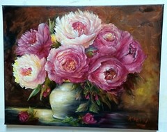 PEONIES IN GOLD VASE 18×14 Oil Original Floral Painting Artist Klein Dakota Rose