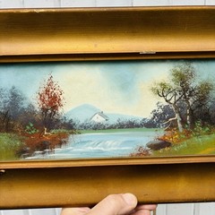 Antique Landscape Oil Painting Farmhouse Lake Scene Gilt Frame Signed E. French