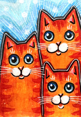 Orange Kittens Cats Original ACEO Mixed Media Painting Illustration amylenore