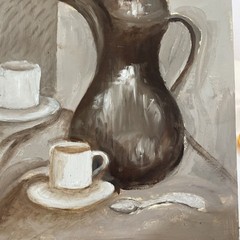 Still Life Painting Book Cups Teapot