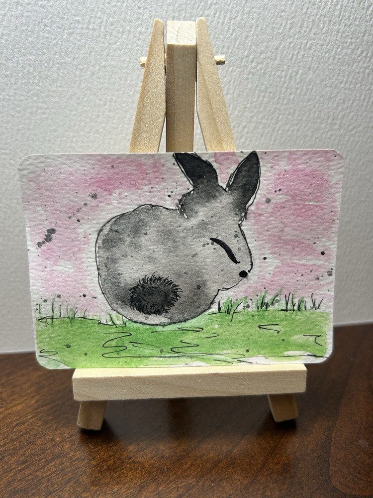 Aceo Watercolor And Ink Original Of Sleeping Bunny In Field