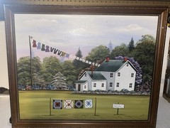 Amish Folk Art Oil on Canvas Painting “Quilts For Sale” Signed A. Stoltzfus
