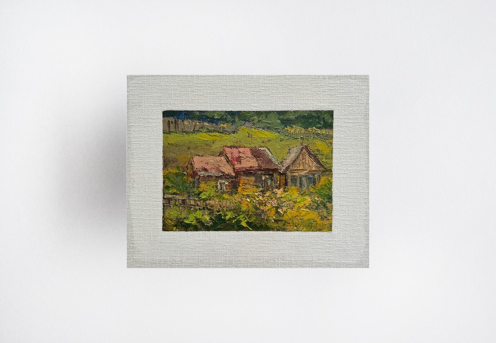 Oil painting Wooden houses Ukrainian painter Fiberboard original landscape art