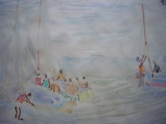 Irene Hoffar Reid (1908-1994) Vancouver Beach Sailing Watercolor 1970 17″ x 13″
