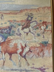 Antique Painting Cowboy Western Wrangler Cow Horse Large 1930’s Landscape Frese