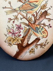 Rare Original Vintage Birds in Tree-Painting on Leather-Oval Wall Hanging Decor