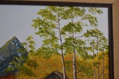 Vintage Art Painting Original Barn Wagon Fall Color Poplar Mountains Joshua Tree