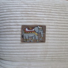 ORIGINAL ACEO Folk Art Painting Animal Indian Elephant Flower Gold Trunk Glitter