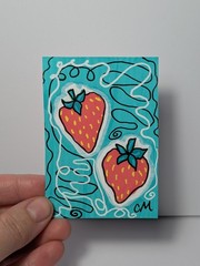 Original ACEO Abstract Strawberry Cartoon Acrylic Paint Markers Art By CM