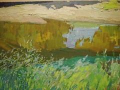 Ukrainian Soviet Oil Painting impressionism landscape reed river beach summer