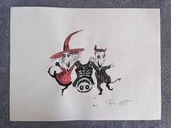 TIM BURTON (15.7x 11.8) painting on old paper signed stamped
