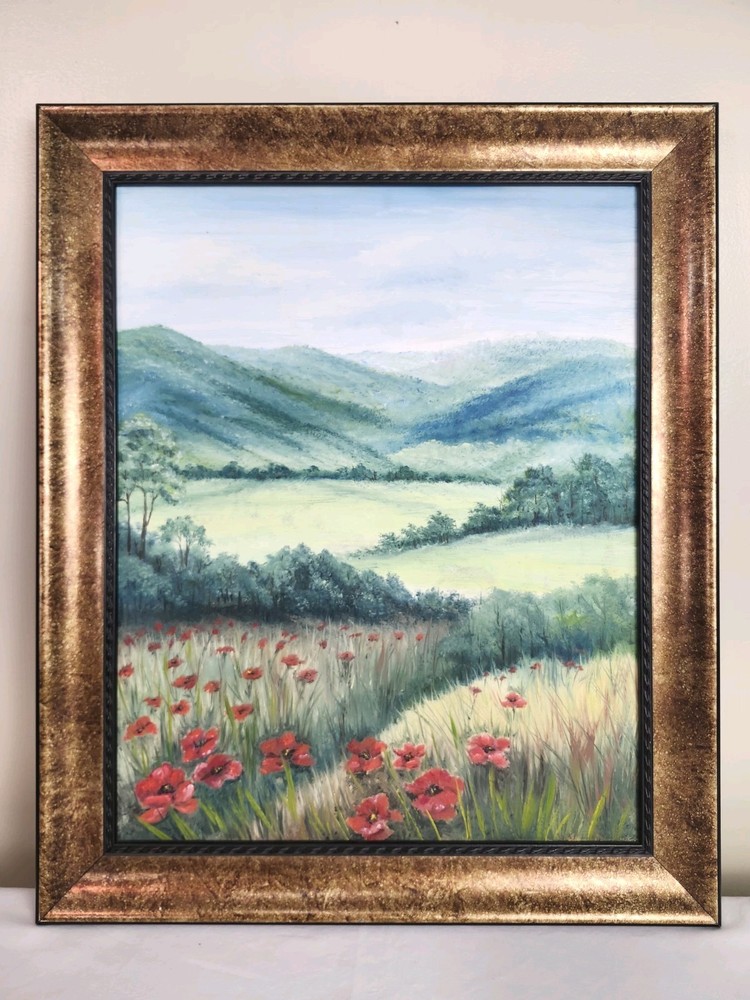 Original Acrylic Landscape Painting Red Poppy Field Mountain Meadow Wall Art