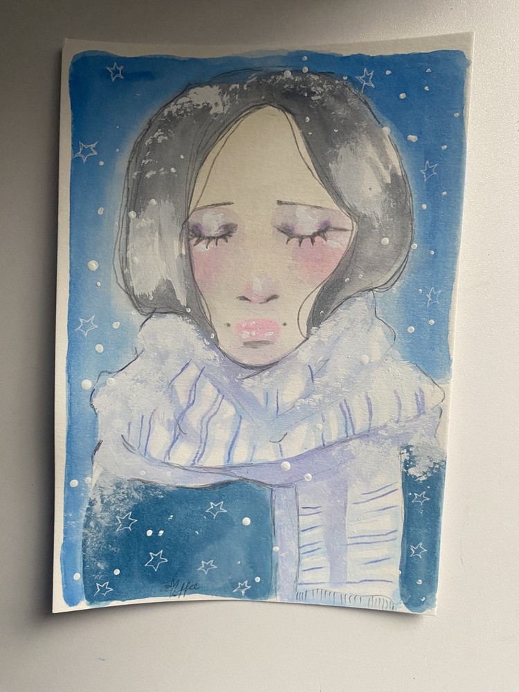 Celestial Star Snow Girl With Scarf Fantasy Painting On 5×6 Watercolor Paper