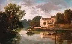 Oil painting paul peel – beautiful village landscape by the river with canoe art