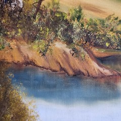 Original D Davidson Oil Painting Landscape Trees Lake Framed 19×23 Vintage Art