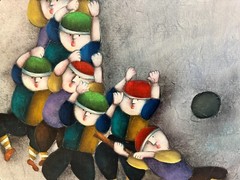 J. Roybal Signed Seven Boys & Ball Painting on Canvas Unframed 36″ x 24″ OOAK