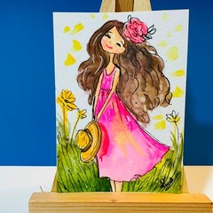 Original ACEO Girl Pink Dress Watercolor Painting Floral Cute Whimsical Mini Art