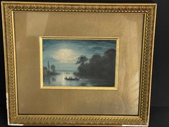 Painting Early 20th Dark Landscape Vision Boats & Lake Light Moon