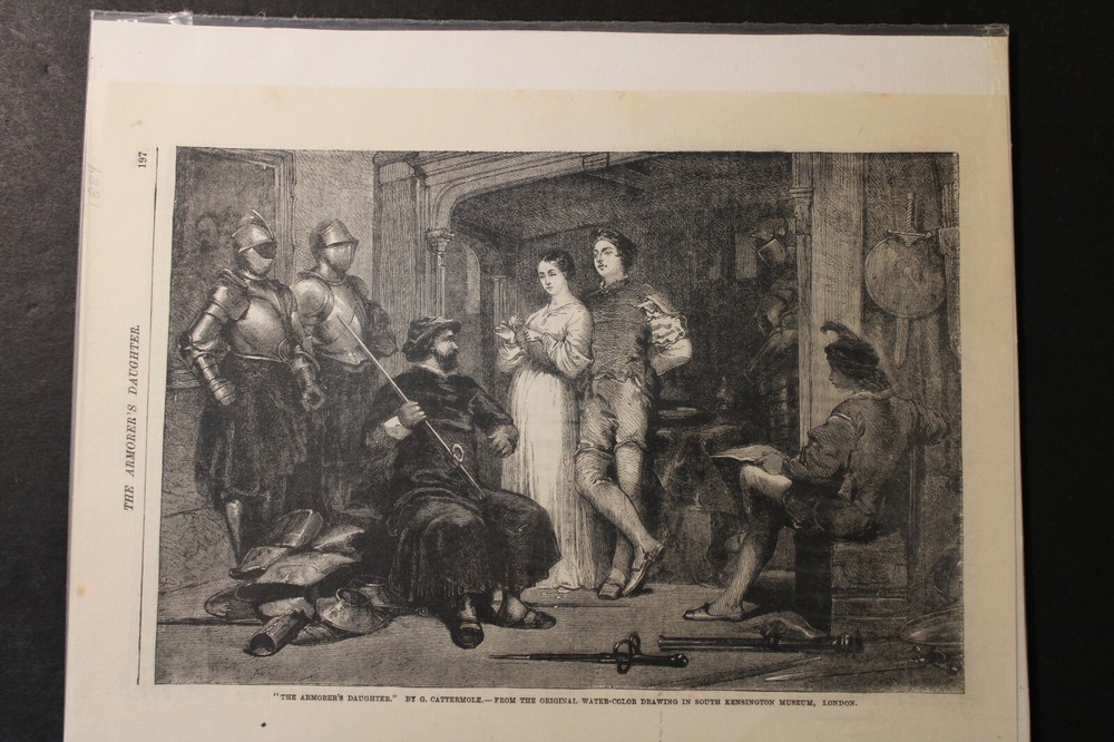 Vintage antique art print on mag paper, 1884 1800s, The Armorer’s Daughter etch