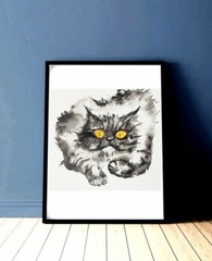 Black cat art,Original watercolor painting signed,Black Persian kitten,pet love