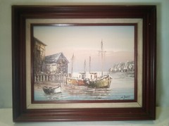 W Jones Signed Oil Painting Fishing Boats Dock Mid Century Nautical Harbor
