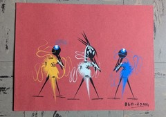 4 BRAZZAVILLE- CONGO MCM African Folk Art Signed Gouache Painting MIDCENTURYMOD