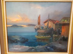 No.: 217 oil painting oil painting seafaring sea sunset people ships